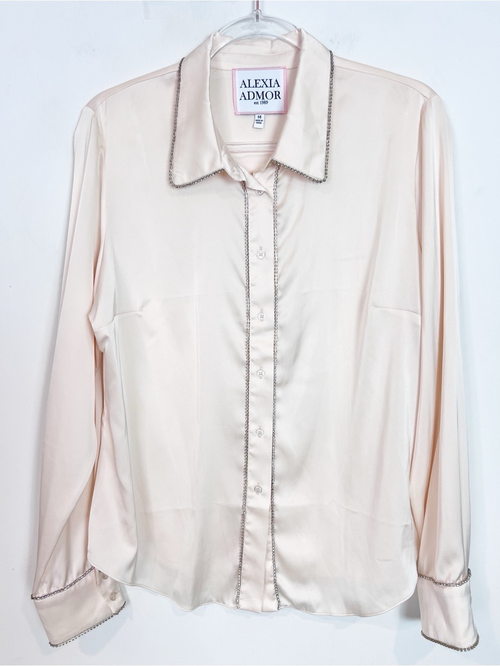 ALEXIA ADMOR BUTTERY IVORY SILKY BLOUSE WITH RHINESTONE TRIM WOMENS SZ 14